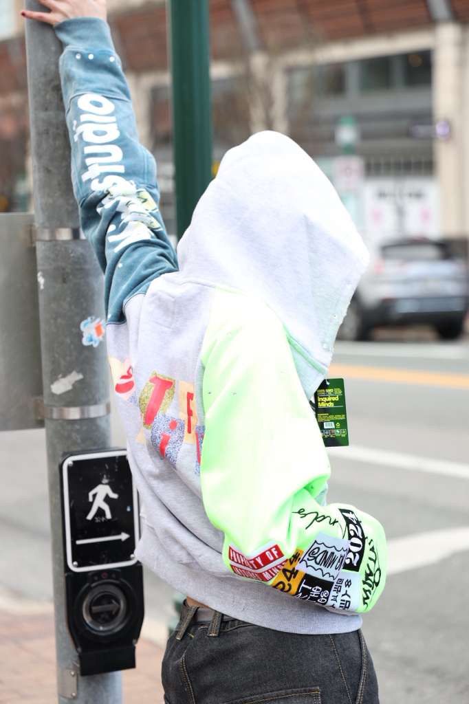 Inquired Worldwide Distressed Rhinestone Zip-Up Hoodie