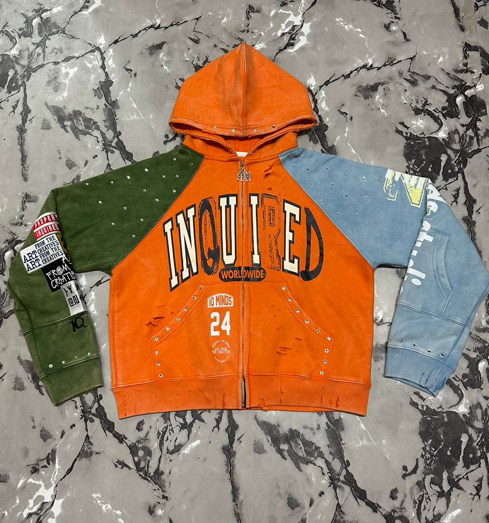 Inquired Worldwide Distressed Rhinestone Zip-Up Hoodie