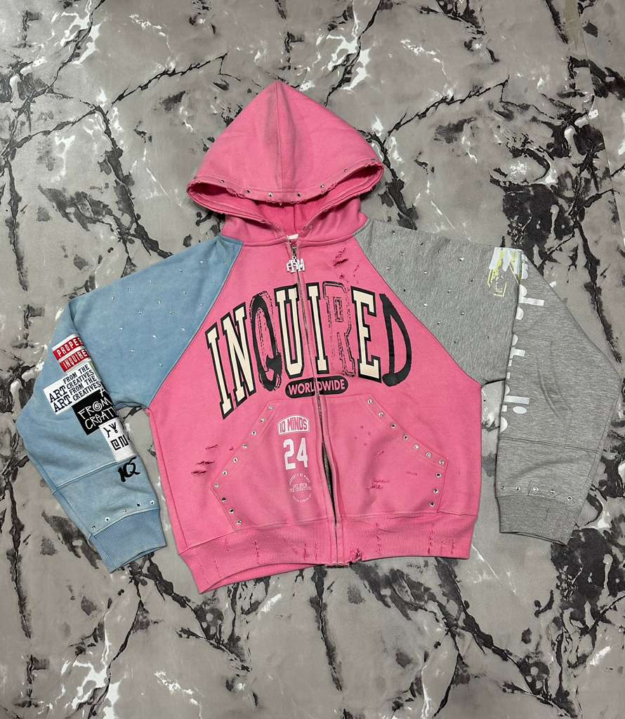 Inquired Worldwide Distressed Rhinestone Zip-Up Hoodie