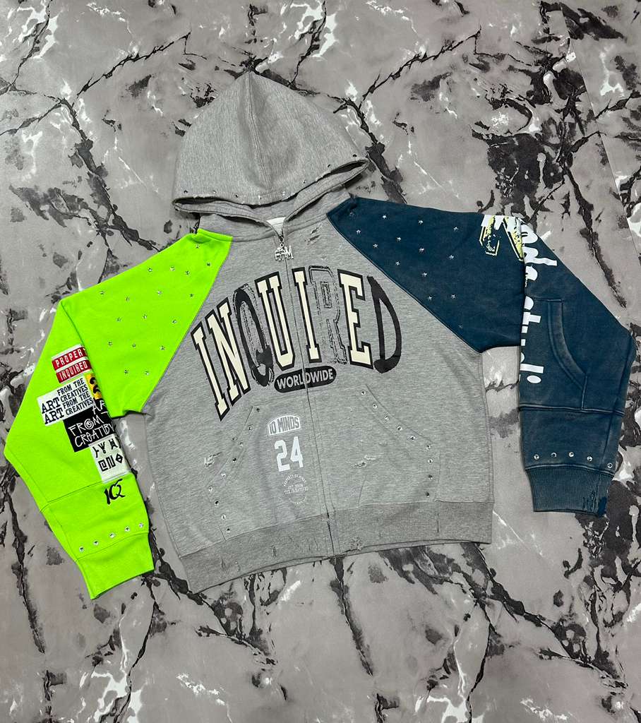 Inquired Worldwide Distressed Rhinestone Zip-Up Hoodie