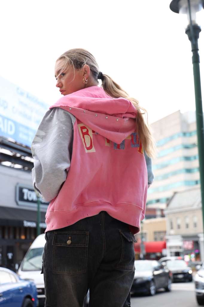Inquired Worldwide Distressed Rhinestone Zip-Up Hoodie