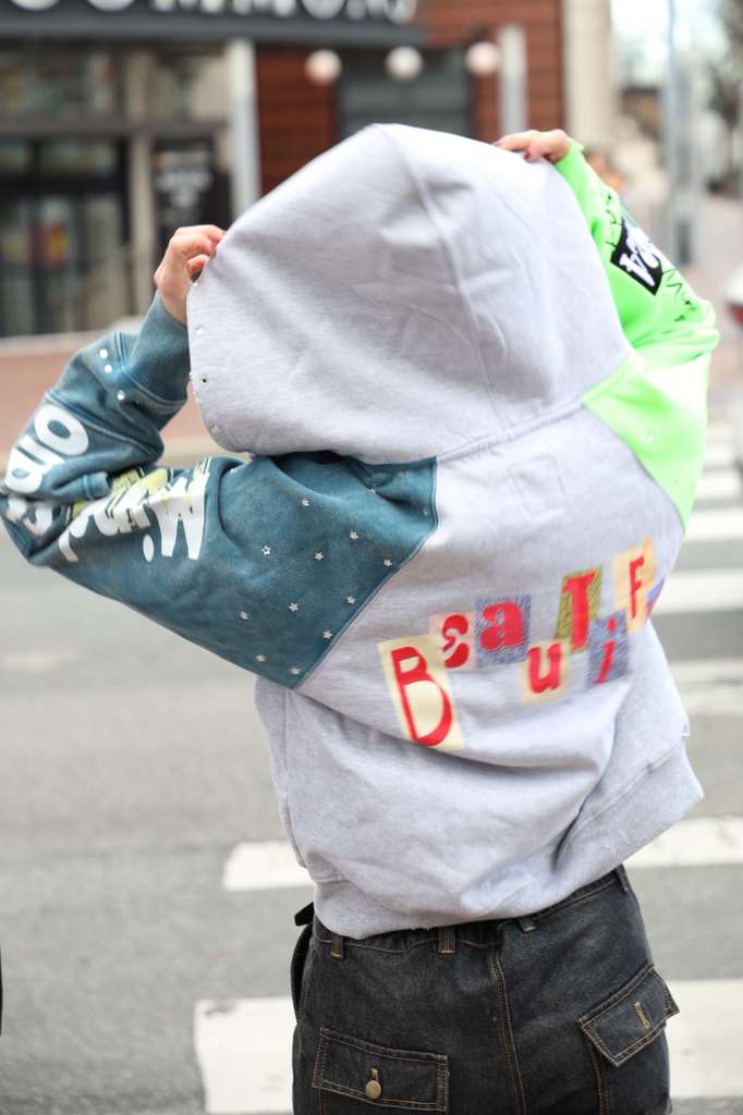Inquired Worldwide Distressed Rhinestone Zip-Up Hoodie