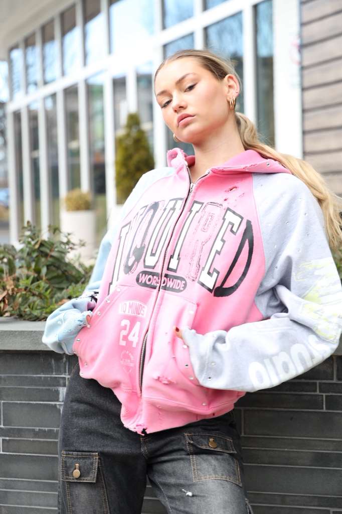 Inquired Worldwide Distressed Rhinestone Zip-Up Hoodie