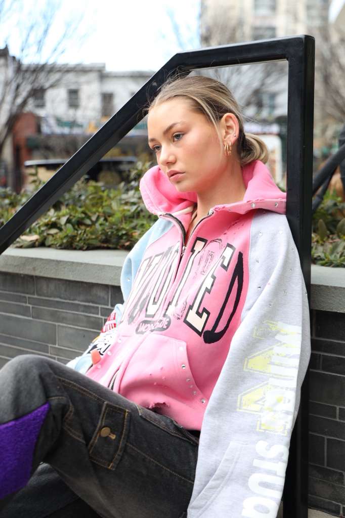 Inquired Worldwide Distressed Rhinestone Zip-Up Hoodie