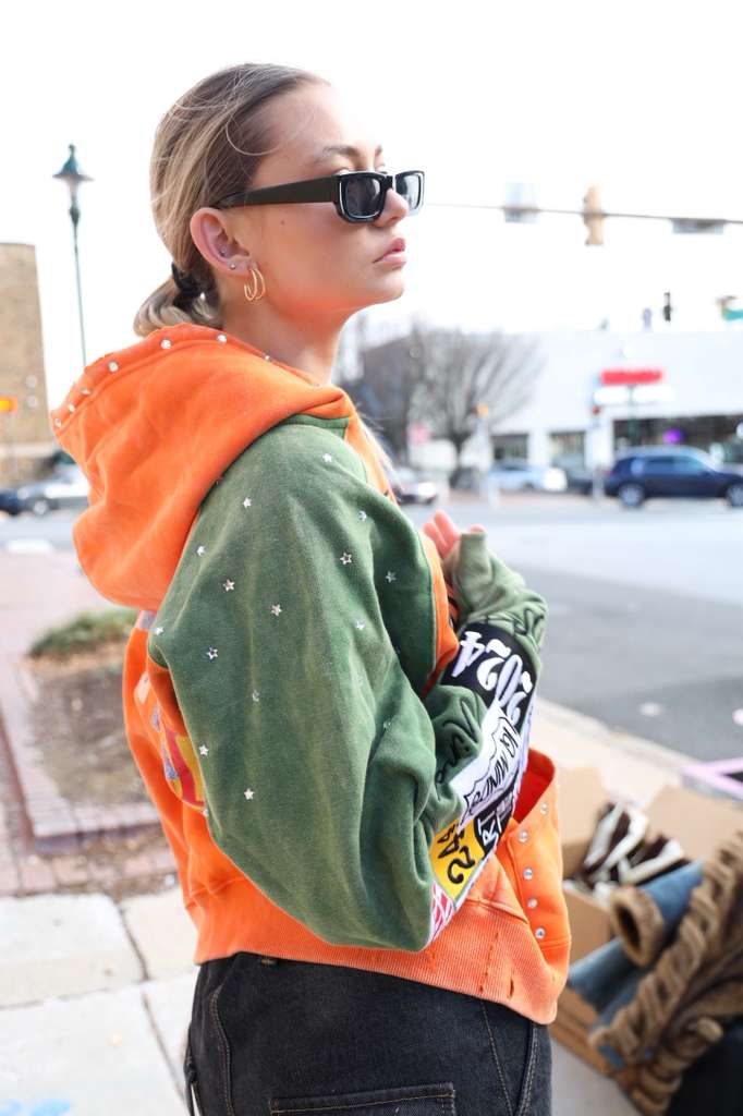 Inquired Worldwide Distressed Rhinestone Zip-Up Hoodie