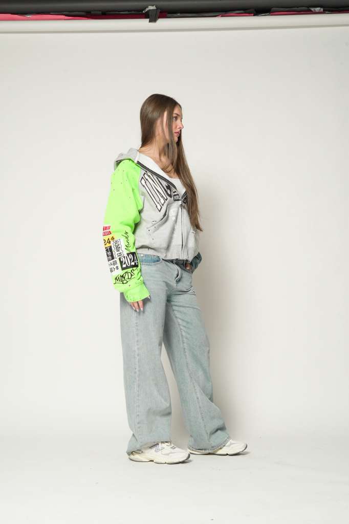 Inquired Worldwide Distressed Rhinestone Zip-Up Hoodie