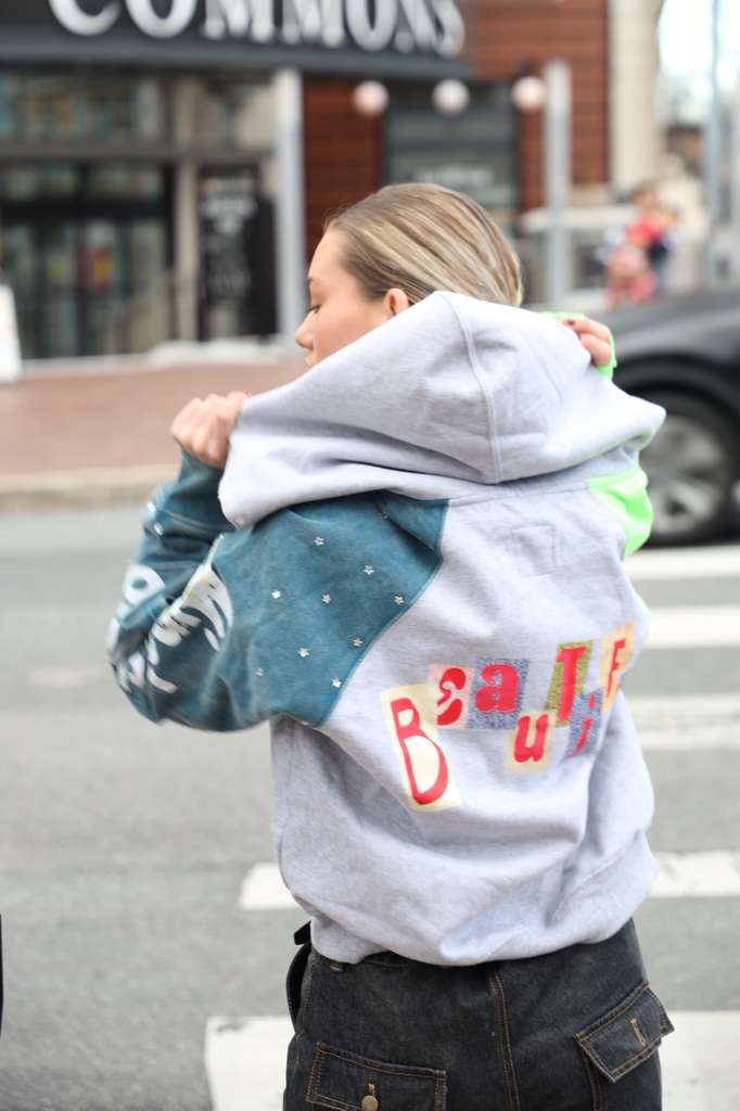 Inquired Worldwide Distressed Rhinestone Zip-Up Hoodie