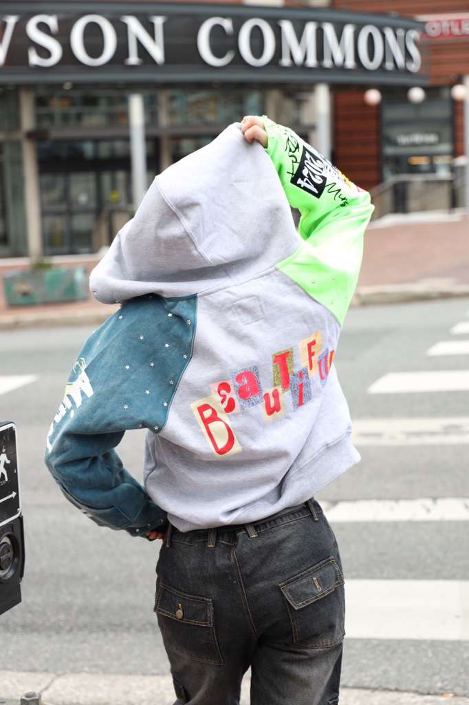 Inquired Worldwide Distressed Rhinestone Zip-Up Hoodie