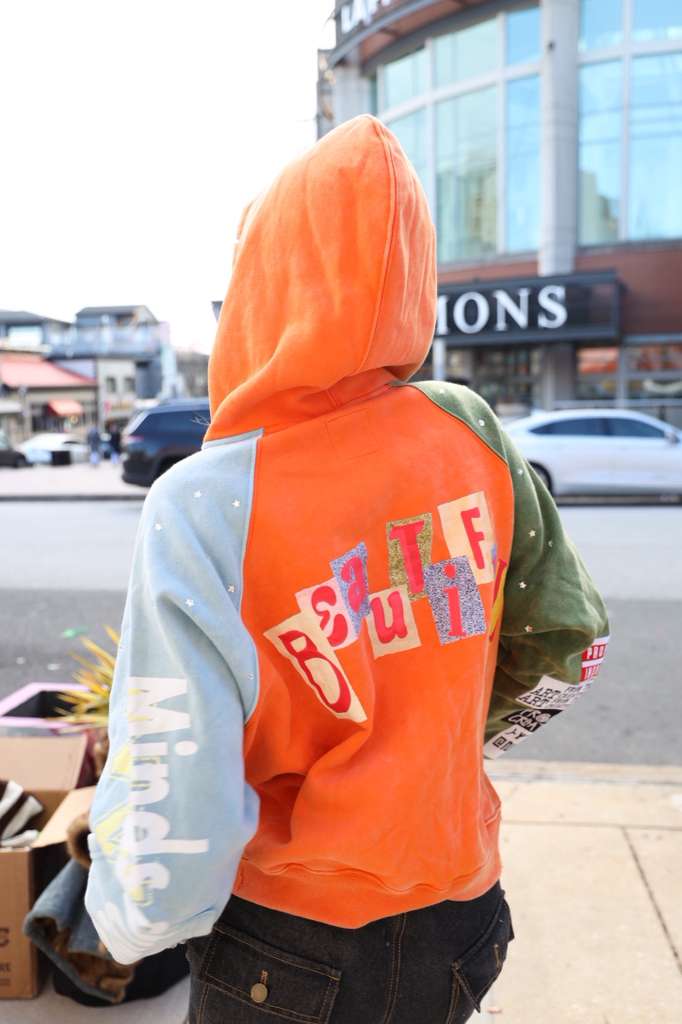 Inquired Worldwide Distressed Rhinestone Zip-Up Hoodie