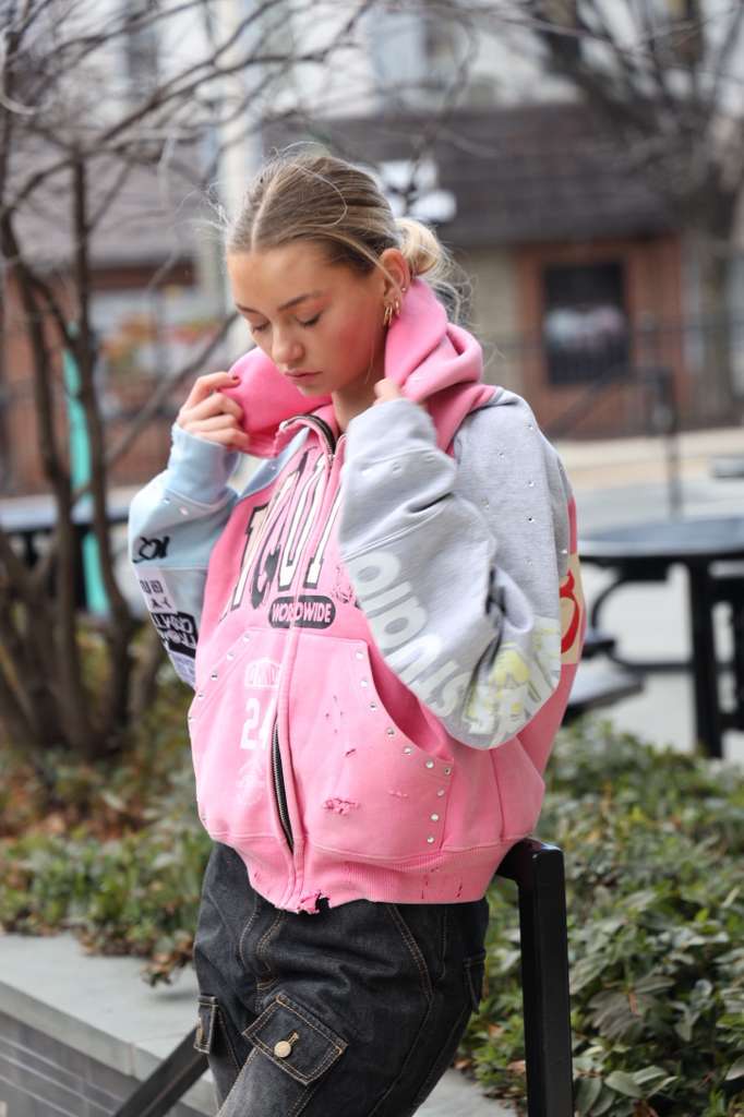 Inquired Worldwide Distressed Rhinestone Zip-Up Hoodie